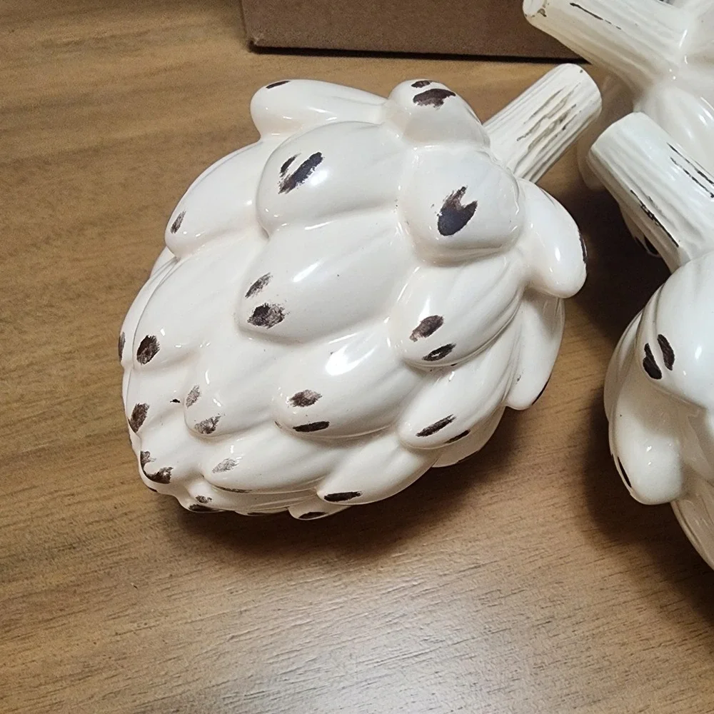 3- Vintage Ceramic Artichoke Figurine Cream Distressed Faux Vegetable Decor